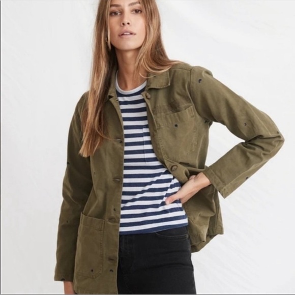 Marine Layer Jackets & Blazers - Marine Layer Chore Coat Organic Cotton Olive Embroidered Trucker Jacket